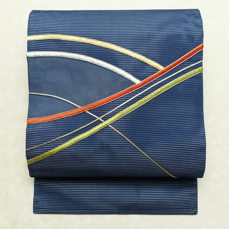 名古屋帯 太鼓柄 良品 夏用 金駒刺繍 正絹 幾何学柄・抽象柄 名古屋仕立て なごや帯 リサイクル帯 帯 刺繍 青・紺_画像1