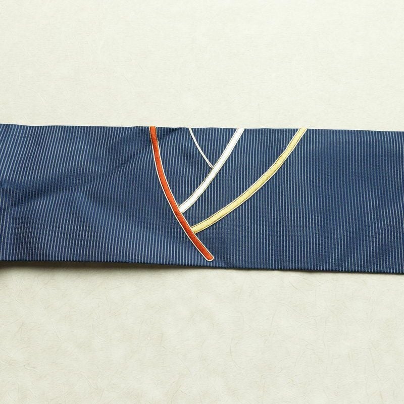 名古屋帯 太鼓柄 良品 夏用 金駒刺繍 正絹 幾何学柄・抽象柄 名古屋仕立て なごや帯 リサイクル帯 帯 刺繍 青・紺_画像13