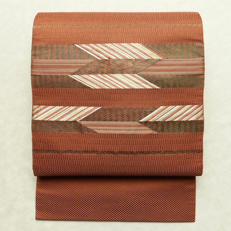 名古屋帯 太鼓柄 正絹 幾何学柄・抽象柄 通し仕立て なごや帯 リサイクル帯 帯 モダン シンプル 茶_画像1