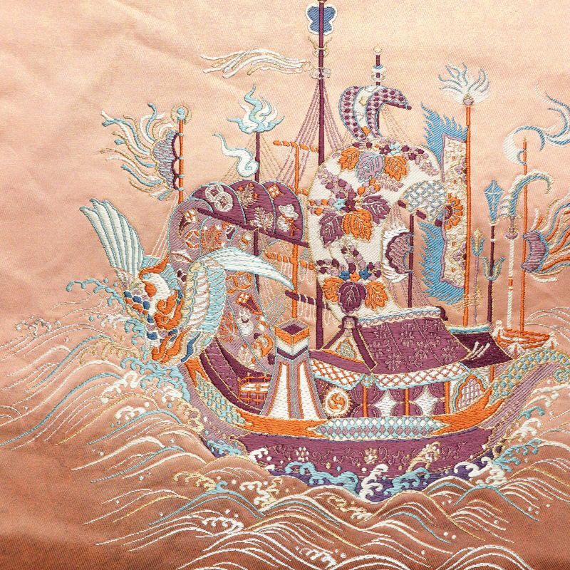 名古屋帯 宝来祝船文 太鼓柄 正絹 古典柄 名古屋仕立て なごや帯 リサイクル帯 帯 刺繍 洒落 ピンク_画像2