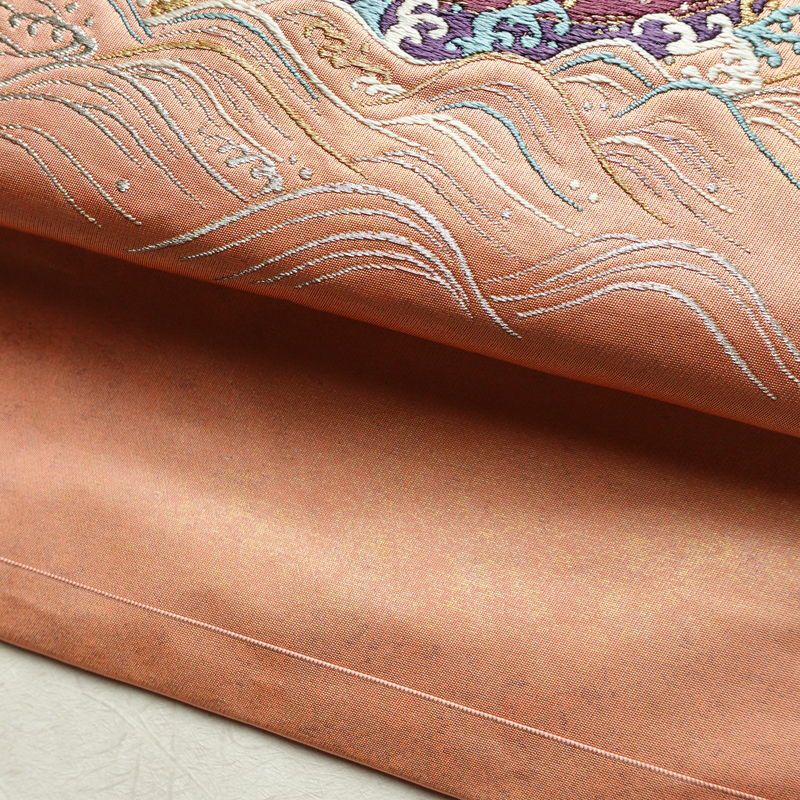 名古屋帯 宝来祝船文 太鼓柄 正絹 古典柄 名古屋仕立て なごや帯 リサイクル帯 帯 刺繍 洒落 ピンク_画像8