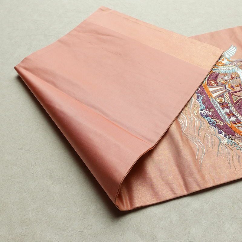 名古屋帯 宝来祝船文 太鼓柄 正絹 古典柄 名古屋仕立て なごや帯 リサイクル帯 帯 刺繍 洒落 ピンク_画像11