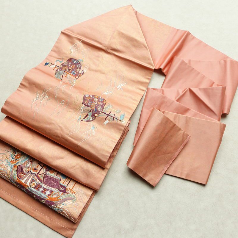 名古屋帯 宝来祝船文 太鼓柄 正絹 古典柄 名古屋仕立て なごや帯 リサイクル帯 帯 刺繍 洒落 ピンク_画像18