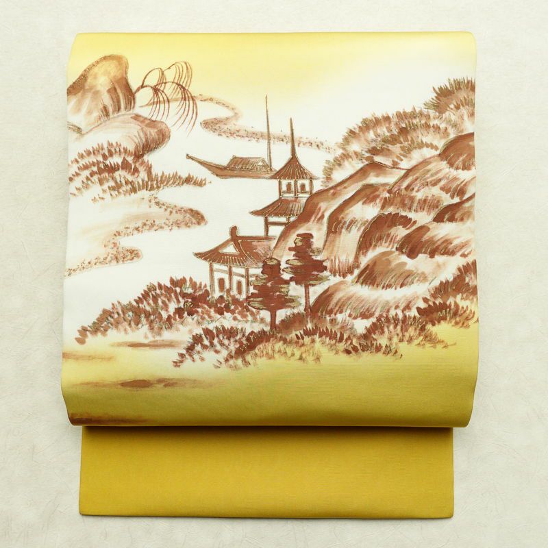 名古屋帯 太鼓柄 良品 正絹 風景柄 名古屋仕立て なごや帯 リサイクル帯 帯 金彩 黄・黄土色_画像1