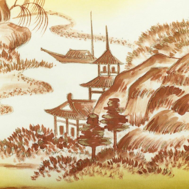 名古屋帯 太鼓柄 良品 正絹 風景柄 名古屋仕立て なごや帯 リサイクル帯 帯 金彩 黄・黄土色_画像2