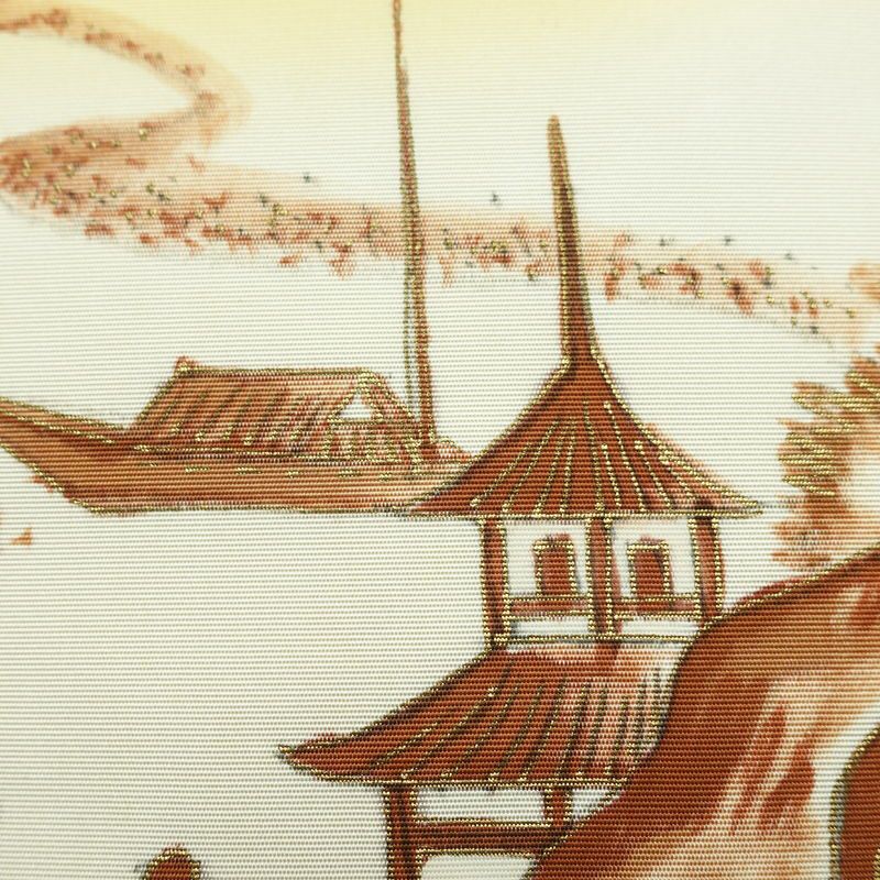 名古屋帯 太鼓柄 良品 正絹 風景柄 名古屋仕立て なごや帯 リサイクル帯 帯 金彩 黄・黄土色_画像4