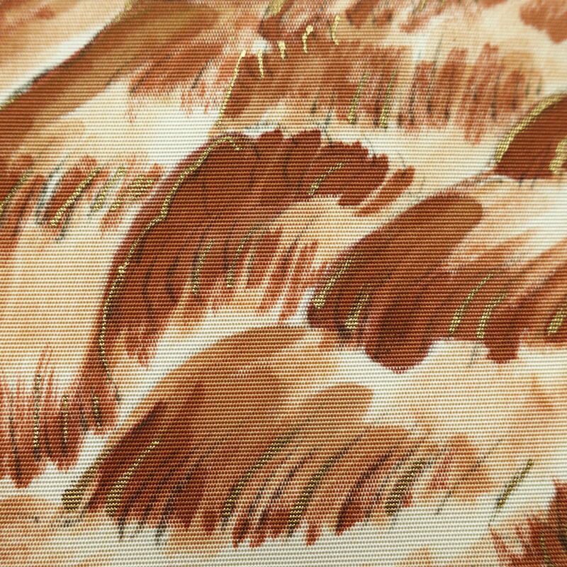 名古屋帯 太鼓柄 良品 正絹 風景柄 名古屋仕立て なごや帯 リサイクル帯 帯 金彩 黄・黄土色_画像5