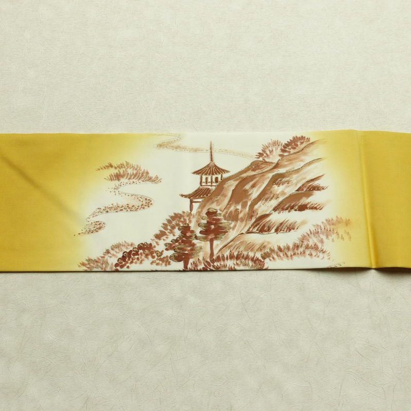 名古屋帯 太鼓柄 良品 正絹 風景柄 名古屋仕立て なごや帯 リサイクル帯 帯 金彩 黄・黄土色_画像15