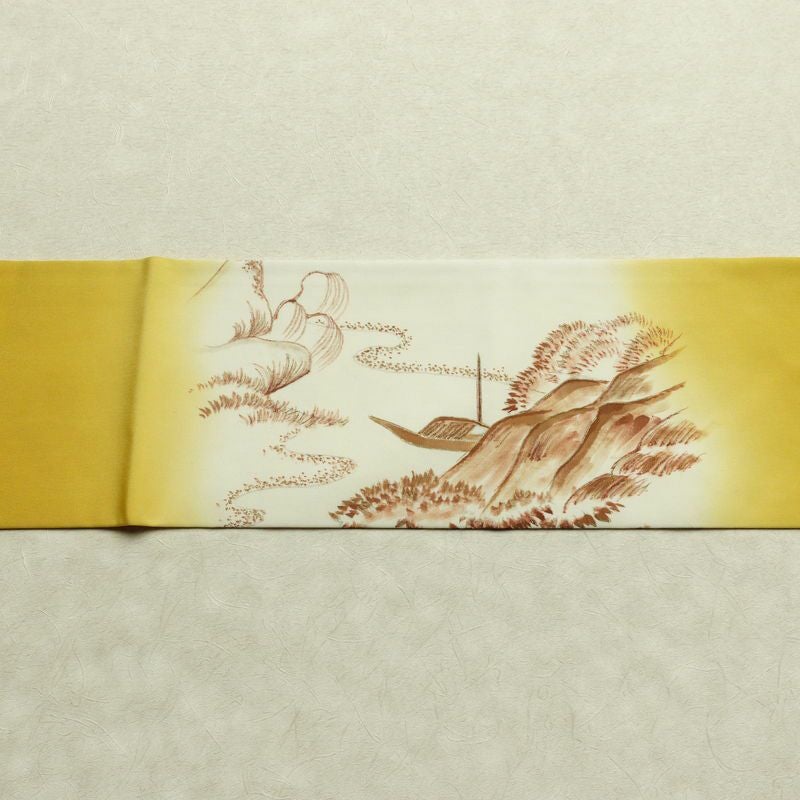 名古屋帯 太鼓柄 良品 正絹 風景柄 名古屋仕立て なごや帯 リサイクル帯 帯 金彩 黄・黄土色_画像16