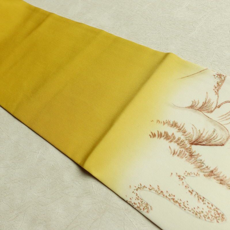 名古屋帯 太鼓柄 良品 正絹 風景柄 名古屋仕立て なごや帯 リサイクル帯 帯 金彩 黄・黄土色_画像17