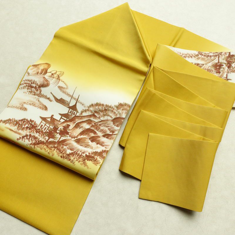 名古屋帯 太鼓柄 良品 正絹 風景柄 名古屋仕立て なごや帯 リサイクル帯 帯 金彩 黄・黄土色_画像19