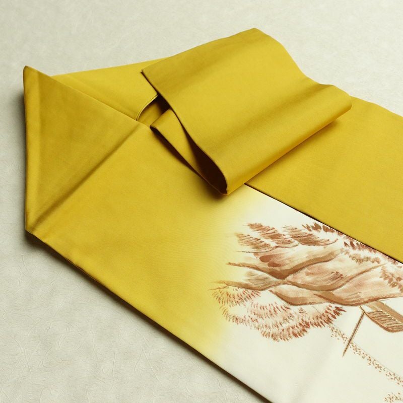 名古屋帯 太鼓柄 良品 正絹 風景柄 名古屋仕立て なごや帯 リサイクル帯 帯 金彩 黄・黄土色_画像21