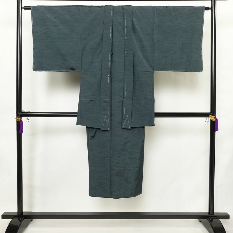 男性用 紬 着物 美品 羽織付き 2点セット しつけ糸付き アンサンブル 正絹 無地 袷仕立て 身丈136cm 裄丈67.5cm リサイクル着物 着物 青緑 緑・うぐいす色_画像1
