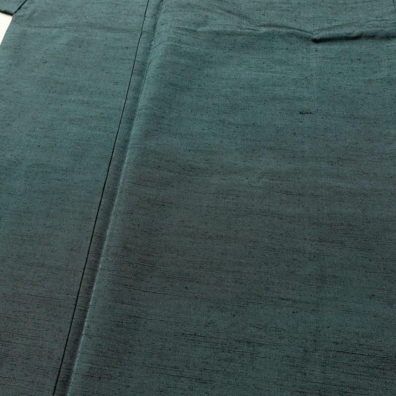 男性用 紬 着物 美品 羽織付き 2点セット しつけ糸付き アンサンブル 正絹 無地 袷仕立て 身丈136cm 裄丈67.5cm リサイクル着物 着物 青緑 緑・うぐいす色_画像5