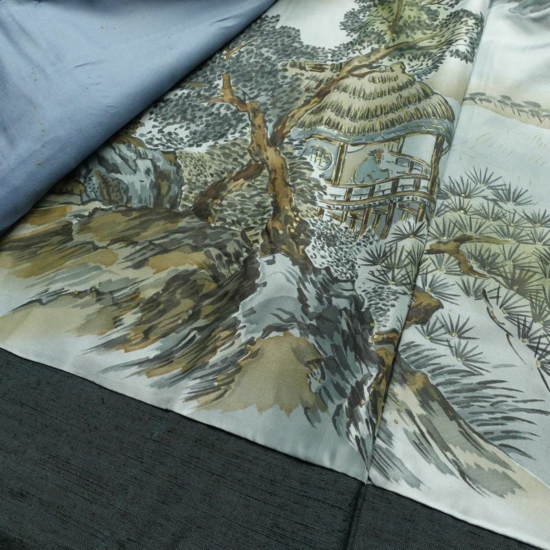 男性用 紬 着物 美品 羽織付き 2点セット しつけ糸付き アンサンブル 正絹 無地 袷仕立て 身丈136cm 裄丈67.5cm リサイクル着物 着物 青緑 緑・うぐいす色_画像18