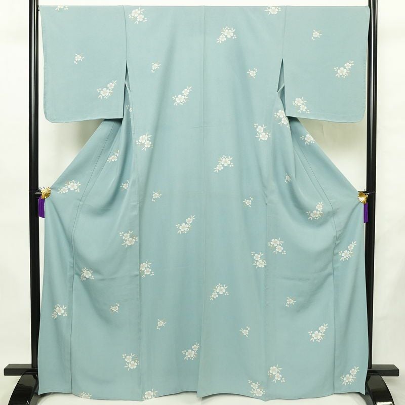 単衣 小紋 良品 縮緬 しつけ糸付き 正絹 花柄 単衣仕立て 身丈165cm 裄丈68cm リサイクル着物 着物 シンプル 青・紺_画像1