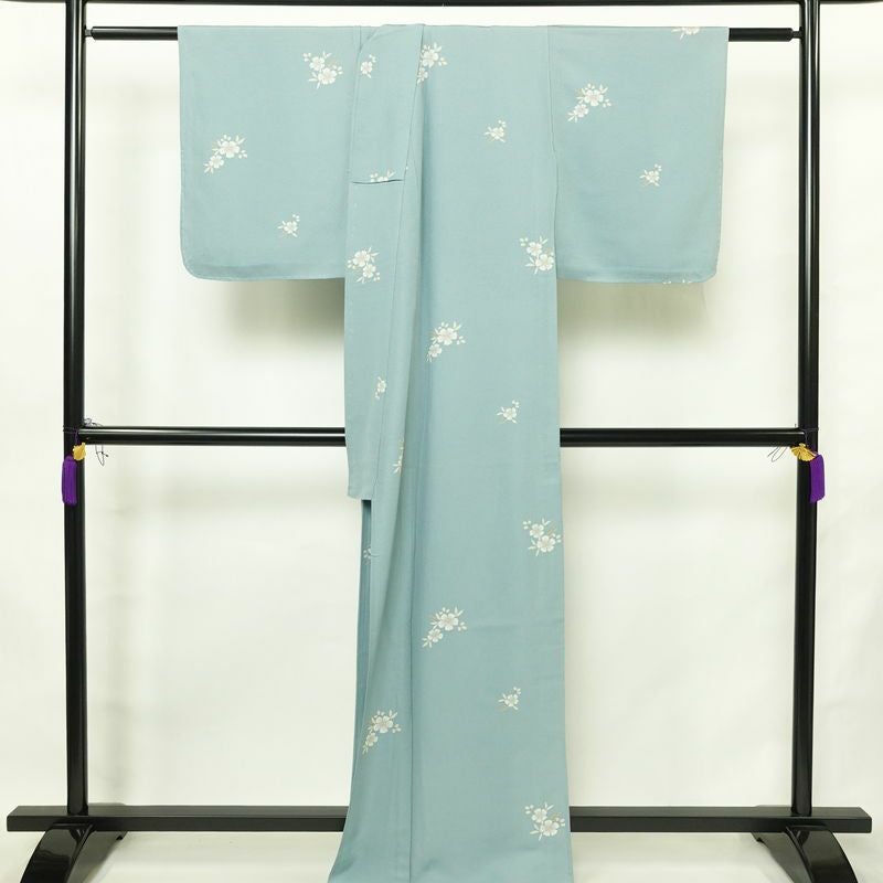 単衣 小紋 良品 縮緬 しつけ糸付き 正絹 花柄 単衣仕立て 身丈165cm 裄丈68cm リサイクル着物 着物 シンプル 青・紺_画像2