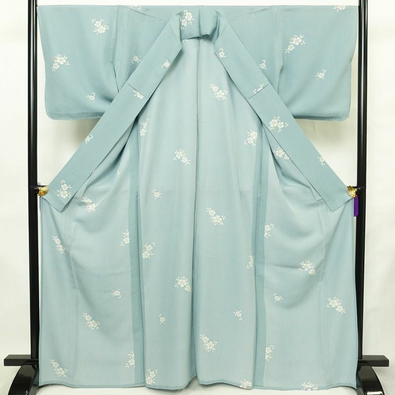 単衣 小紋 良品 縮緬 しつけ糸付き 正絹 花柄 単衣仕立て 身丈165cm 裄丈68cm リサイクル着物 着物 シンプル 青・紺_画像3