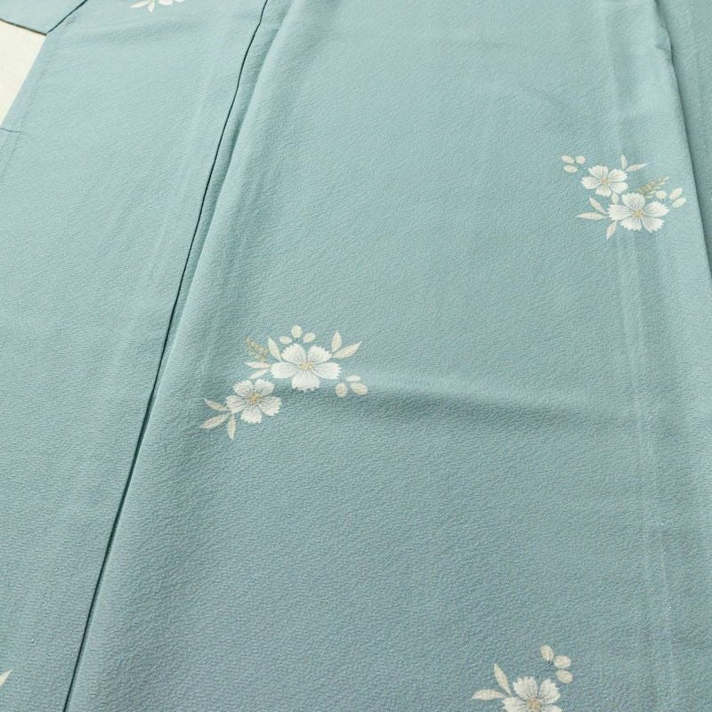 単衣 小紋 良品 縮緬 しつけ糸付き 正絹 花柄 単衣仕立て 身丈165cm 裄丈68cm リサイクル着物 着物 シンプル 青・紺_画像5