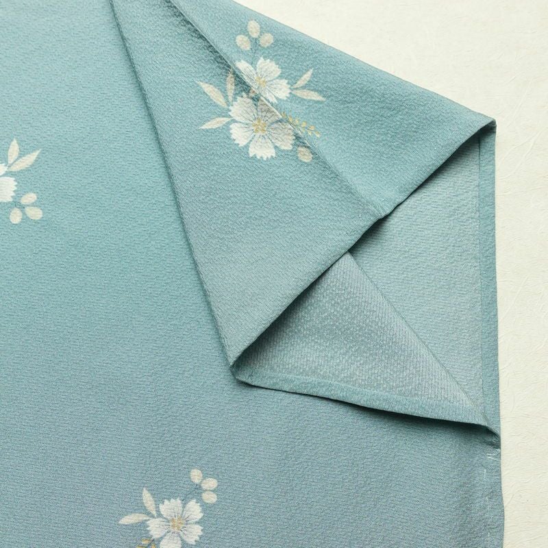 単衣 小紋 良品 縮緬 しつけ糸付き 正絹 花柄 単衣仕立て 身丈165cm 裄丈68cm リサイクル着物 着物 シンプル 青・紺_画像13