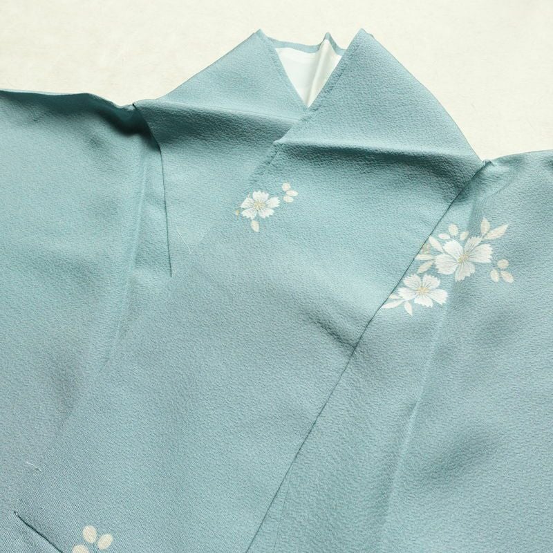 単衣 小紋 良品 縮緬 しつけ糸付き 正絹 花柄 単衣仕立て 身丈165cm 裄丈68cm リサイクル着物 着物 シンプル 青・紺_画像15