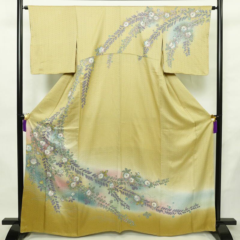 訪問着 良品 辻が花 しつけ糸付き 綸子 正絹 花柄 袷仕立て 身丈164.5cm 裄丈64cm リサイクル着物 着物 箔 共八掛 入学式 卒業式 七五三 お宮参り フォーマル 黄・黄土色_画像1