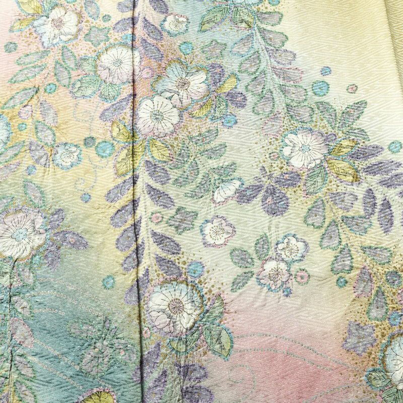 訪問着 良品 辻が花 しつけ糸付き 綸子 正絹 花柄 袷仕立て 身丈164.5cm 裄丈64cm リサイクル着物 着物 箔 共八掛 入学式 卒業式 七五三 お宮参り フォーマル 黄・黄土色_画像6