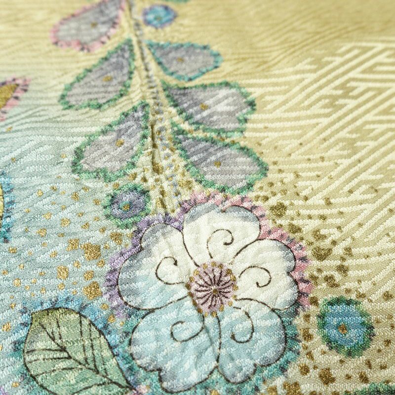 訪問着 良品 辻が花 しつけ糸付き 綸子 正絹 花柄 袷仕立て 身丈164.5cm 裄丈64cm リサイクル着物 着物 箔 共八掛 入学式 卒業式 七五三 お宮参り フォーマル 黄・黄土色_画像9