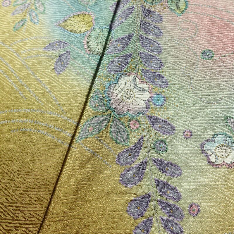 訪問着 良品 辻が花 しつけ糸付き 綸子 正絹 花柄 袷仕立て 身丈164.5cm 裄丈64cm リサイクル着物 着物 箔 共八掛 入学式 卒業式 七五三 お宮参り フォーマル 黄・黄土色_画像10
