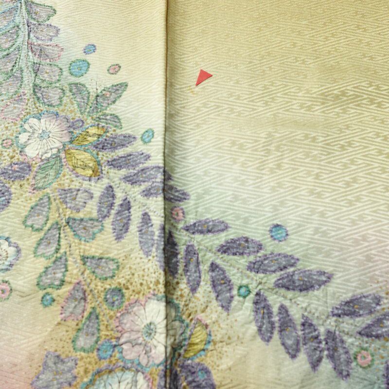 訪問着 良品 辻が花 しつけ糸付き 綸子 正絹 花柄 袷仕立て 身丈164.5cm 裄丈64cm リサイクル着物 着物 箔 共八掛 入学式 卒業式 七五三 お宮参り フォーマル 黄・黄土色_画像13
