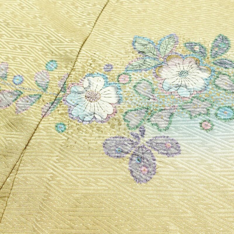 訪問着 良品 辻が花 しつけ糸付き 綸子 正絹 花柄 袷仕立て 身丈164.5cm 裄丈64cm リサイクル着物 着物 箔 共八掛 入学式 卒業式 七五三 お宮参り フォーマル 黄・黄土色_画像19