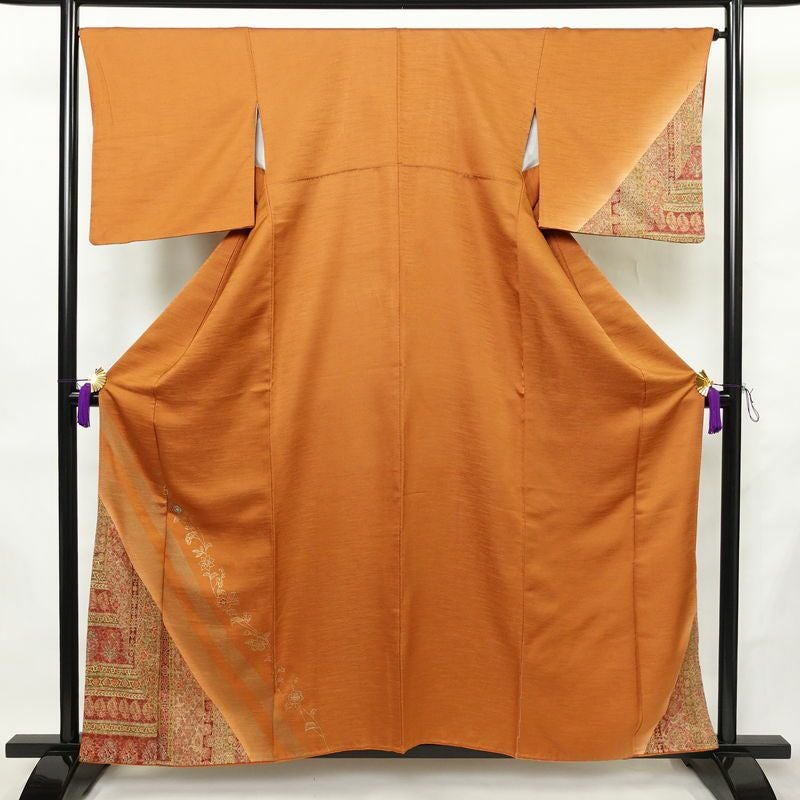 付け下げ 正絹 幾何学柄・抽象柄 袷仕立て 身丈158.5cm 裄丈66cm リサイクル着物 着物 刺繍 金彩 フォーマル 茶_画像1