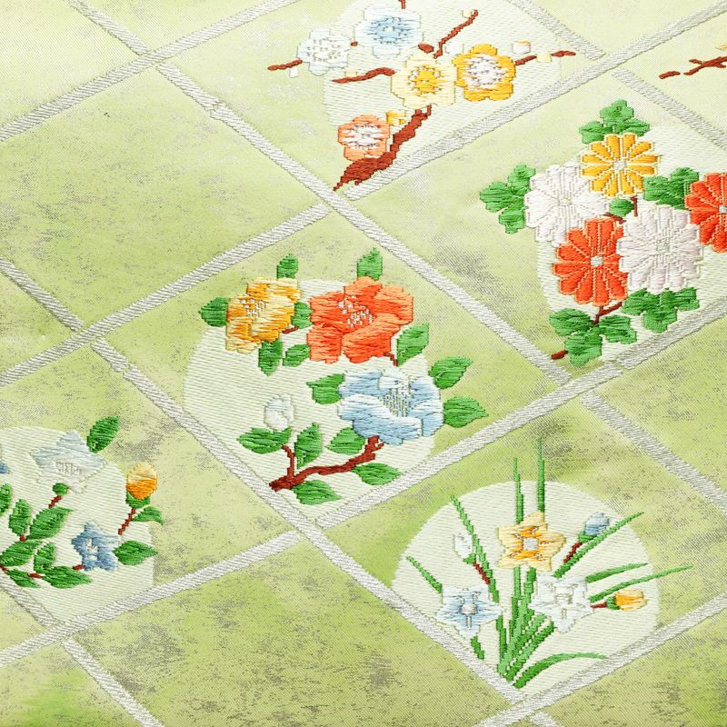 名古屋帯 太鼓柄 良品 しつけ糸付き 正絹 花柄 名古屋仕立て なごや帯 リサイクル帯 帯 箔 シンプル 緑・うぐいす色_画像2