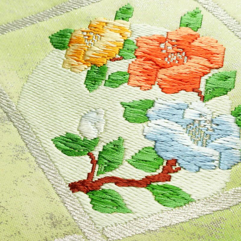 名古屋帯 太鼓柄 良品 しつけ糸付き 正絹 花柄 名古屋仕立て なごや帯 リサイクル帯 帯 箔 シンプル 緑・うぐいす色_画像3