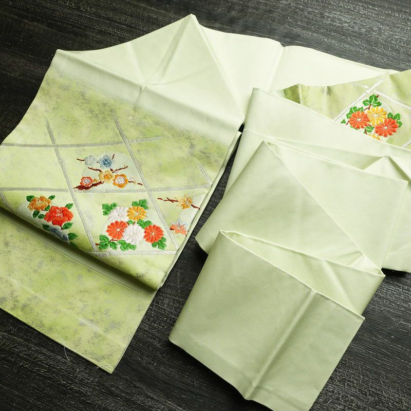 名古屋帯 太鼓柄 良品 しつけ糸付き 正絹 花柄 名古屋仕立て なごや帯 リサイクル帯 帯 箔 シンプル 緑・うぐいす色_画像19