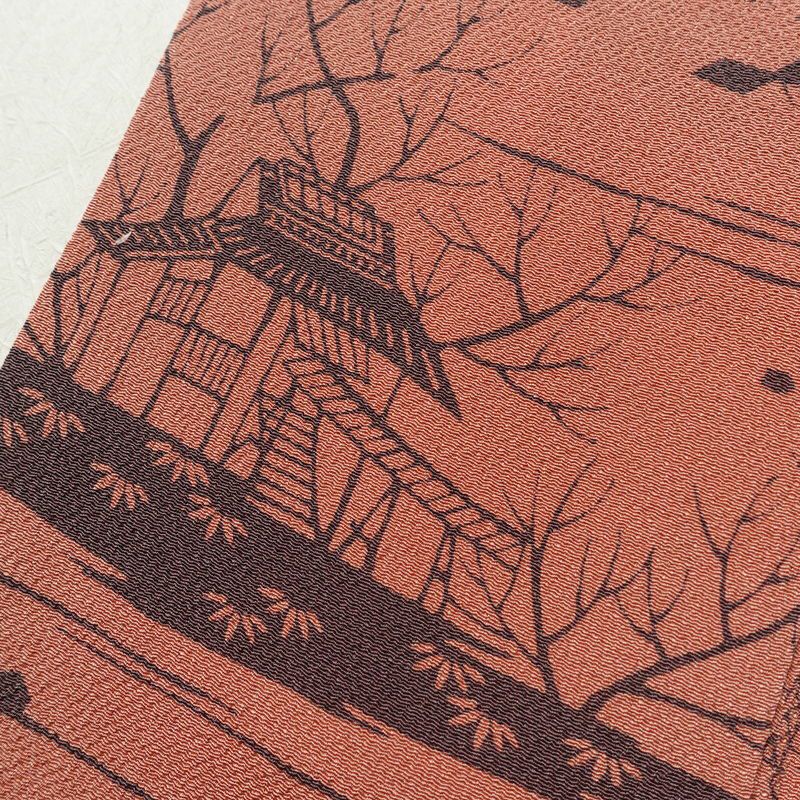 小紋 南部幸雄 落款入り 縮緬 総柄 正絹 風景柄 袷仕立て 身丈164.5cm 裄丈65cm リサイクル着物 着物 モダン 真赭色 ピンク_画像11