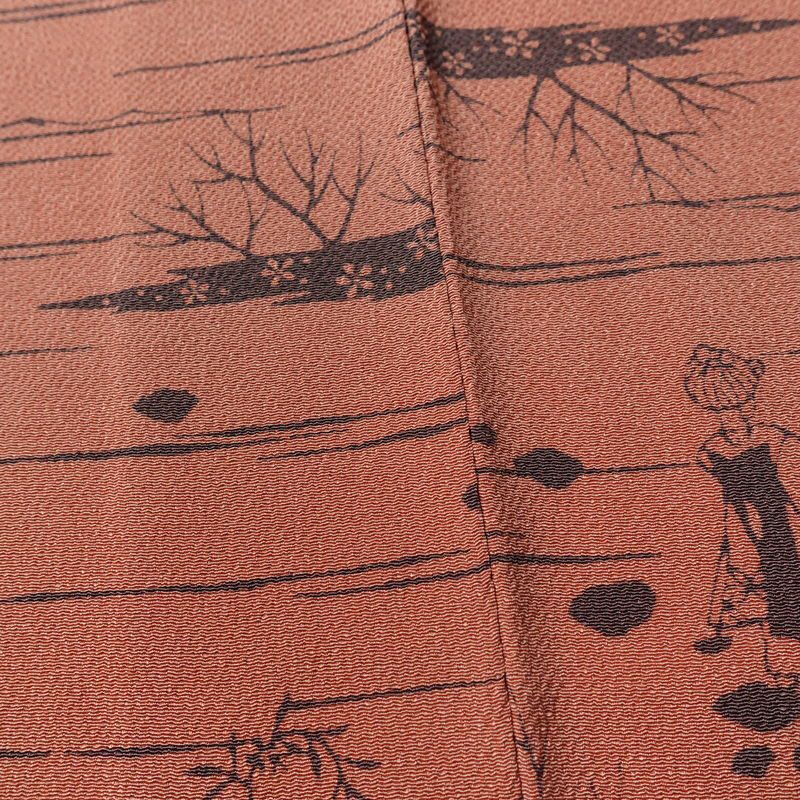 小紋 南部幸雄 落款入り 縮緬 総柄 正絹 風景柄 袷仕立て 身丈164.5cm 裄丈65cm リサイクル着物 着物 モダン 真赭色 ピンク_画像12