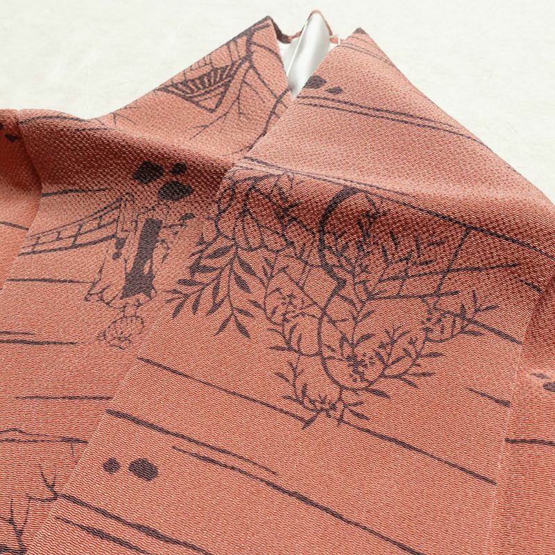 小紋 南部幸雄 落款入り 縮緬 総柄 正絹 風景柄 袷仕立て 身丈164.5cm 裄丈65cm リサイクル着物 着物 モダン 真赭色 ピンク_画像19