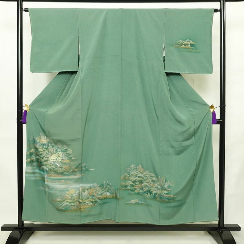 付け下げ 良品 しつけ糸付き 正絹 風景柄 袷仕立て 身丈153.5cm 裄丈63.5cm リサイクル着物 着物 箔 入学式 卒業式 七五三 お宮参り フォーマル 緑・うぐいす色_画像1