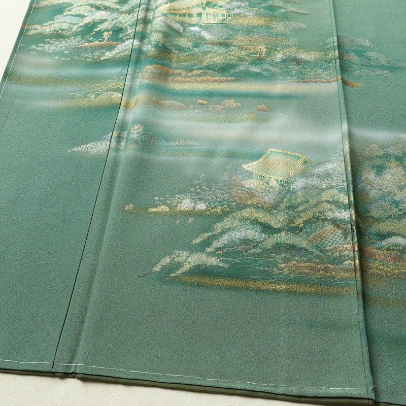 付け下げ 良品 しつけ糸付き 正絹 風景柄 袷仕立て 身丈153.5cm 裄丈63.5cm リサイクル着物 着物 箔 入学式 卒業式 七五三 お宮参り フォーマル 緑・うぐいす色_画像4