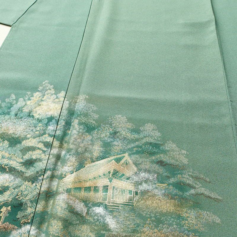 付け下げ 良品 しつけ糸付き 正絹 風景柄 袷仕立て 身丈153.5cm 裄丈63.5cm リサイクル着物 着物 箔 入学式 卒業式 七五三 お宮参り フォーマル 緑・うぐいす色_画像5