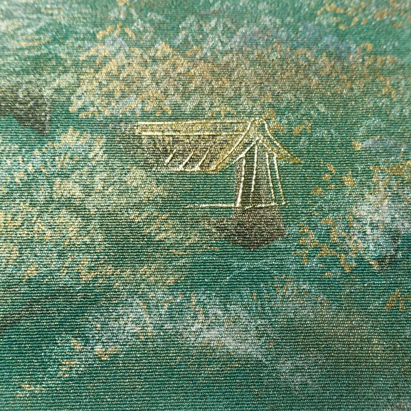 付け下げ 良品 しつけ糸付き 正絹 風景柄 袷仕立て 身丈153.5cm 裄丈63.5cm リサイクル着物 着物 箔 入学式 卒業式 七五三 お宮参り フォーマル 緑・うぐいす色_画像8