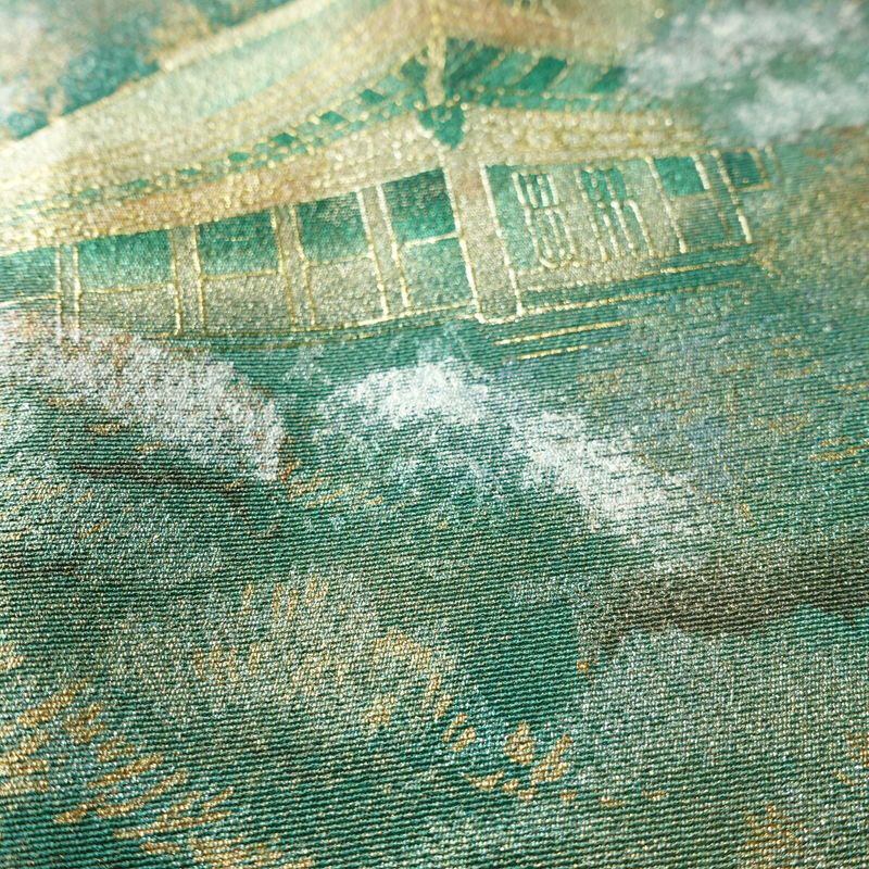 付け下げ 良品 しつけ糸付き 正絹 風景柄 袷仕立て 身丈153.5cm 裄丈63.5cm リサイクル着物 着物 箔 入学式 卒業式 七五三 お宮参り フォーマル 緑・うぐいす色_画像10