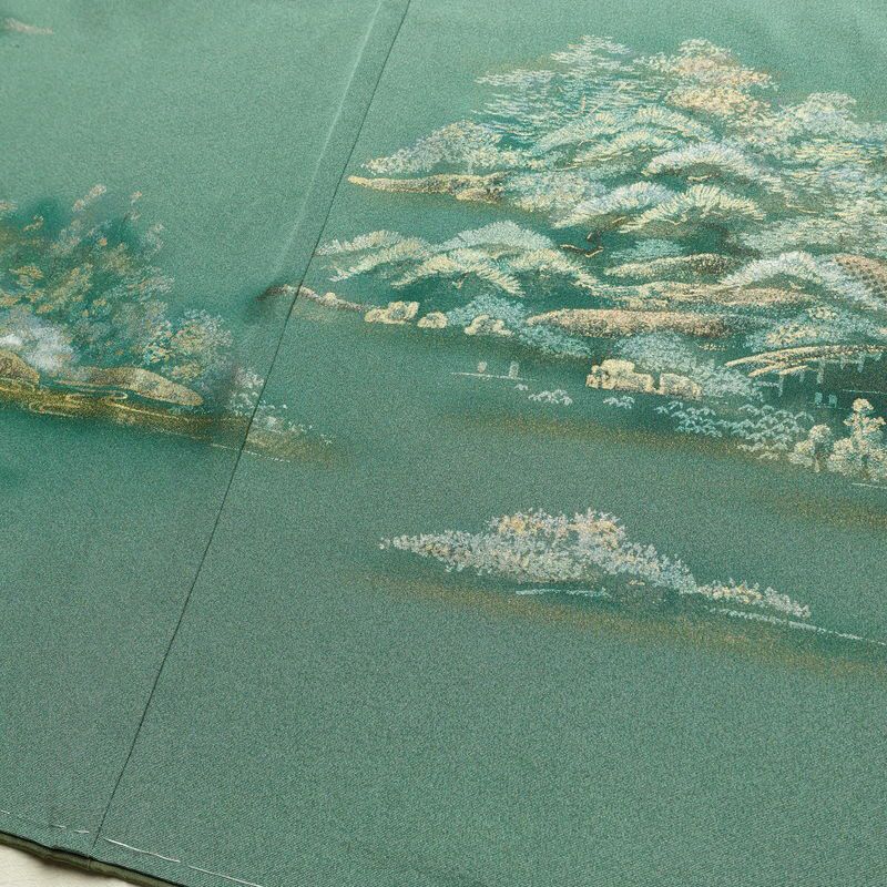 付け下げ 良品 しつけ糸付き 正絹 風景柄 袷仕立て 身丈153.5cm 裄丈63.5cm リサイクル着物 着物 箔 入学式 卒業式 七五三 お宮参り フォーマル 緑・うぐいす色_画像13