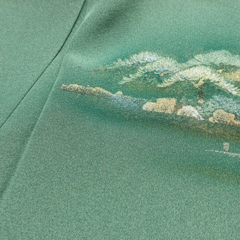 付け下げ 良品 しつけ糸付き 正絹 風景柄 袷仕立て 身丈153.5cm 裄丈63.5cm リサイクル着物 着物 箔 入学式 卒業式 七五三 お宮参り フォーマル 緑・うぐいす色_画像18