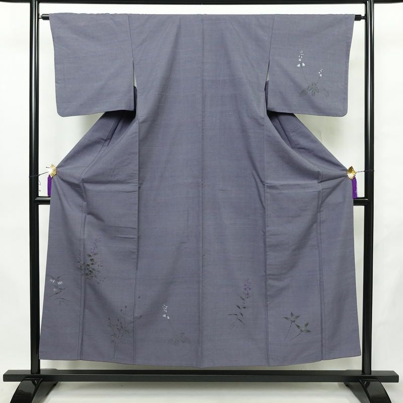 訪問着 一つ紋付き 正絹 花柄 袷仕立て 身丈153cm 裄丈63.5cm リサイクル着物 着物 モダン 紬地 紫・藤色_画像1