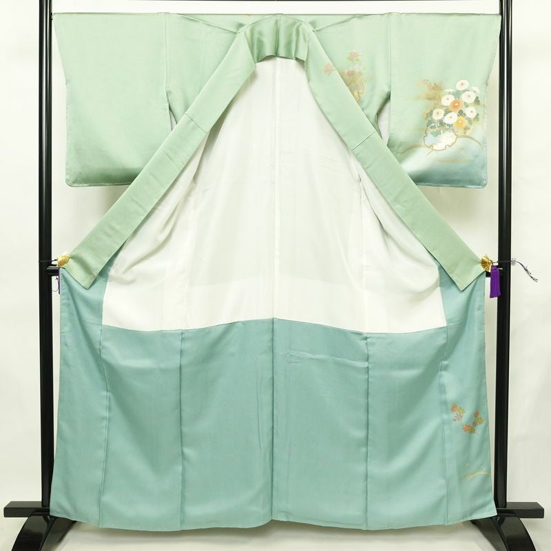 訪問着 良品 しつけ糸付き 正絹 花柄 袷仕立て 身丈161.5cm 裄丈67cm リサイクル着物 着物 箔 金彩 入学式 卒業式 七五三 お宮参り 雪輪 フォーマル 菊 緑・うぐいす色_画像3