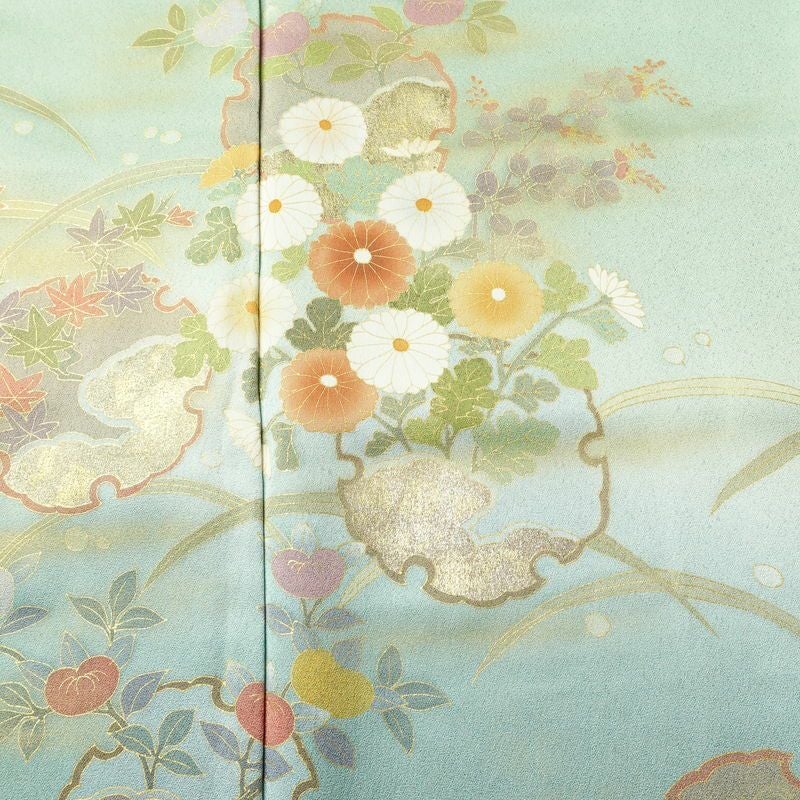 訪問着 良品 しつけ糸付き 正絹 花柄 袷仕立て 身丈161.5cm 裄丈67cm リサイクル着物 着物 箔 金彩 入学式 卒業式 七五三 お宮参り 雪輪 フォーマル 菊 緑・うぐいす色_画像6