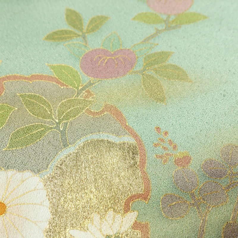 訪問着 良品 しつけ糸付き 正絹 花柄 袷仕立て 身丈161.5cm 裄丈67cm リサイクル着物 着物 箔 金彩 入学式 卒業式 七五三 お宮参り 雪輪 フォーマル 菊 緑・うぐいす色_画像8