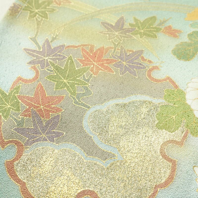 訪問着 良品 しつけ糸付き 正絹 花柄 袷仕立て 身丈161.5cm 裄丈67cm リサイクル着物 着物 箔 金彩 入学式 卒業式 七五三 お宮参り 雪輪 フォーマル 菊 緑・うぐいす色_画像9